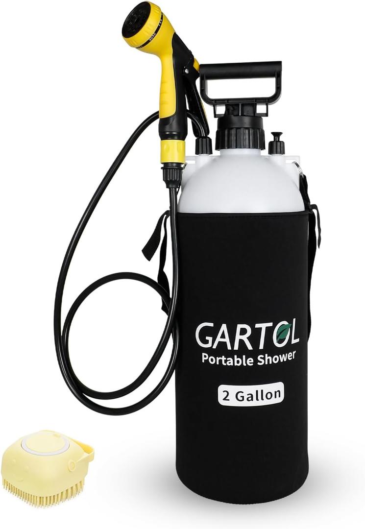 Gartol 2 Gallon Portable Shower with Handheld Showerhead, Silicone Bath Massage Brush, and Thermal Insulation Bag, High-Pressure Camping, Surf, Dog Shower Sprayer (White)