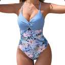 ZAFUL Women's One Piece Swimsuits Cut Out Tummy Control Twist Front Bathing Suit Sexy Tie Back Push Up Slimming Swimwear (Floral Blue) S