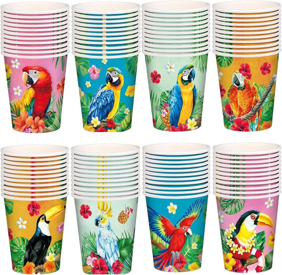 Yungyan 100 Pieces 9 oz Luau Paper Cups Disposable Hawaiian Tiki Paper Cups Tropical Aloha Luau Summer Party Decorations for Summer Tiki Beach Swimming Pool Party Supplies (Tropical Bird)