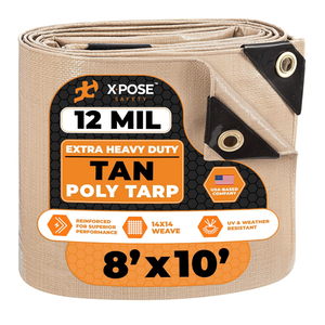 Heavy Duty Tan Poly Tarp 8' X 10' - Multipurpose Protective Cover - Durable, Waterproof, Weather Proof, Rip and Tear Resistant - Extra Thick 12 Mil Polyethylene - by Xpose Safety
