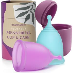 EcoBlossom Reusable Menstrual Cup and Case - The Most Reliable Medical Grade Silicone Period Cups - Comfortably use for 12 Hours (Small/Large (Pack of 2), Round Stem & Case)