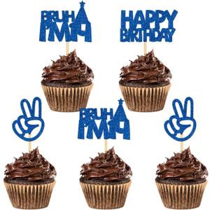 24Pcs Bruh I'm 14 Cupcake Toppers - Blue Glitter | Happy 14th Birthday, Cheers to 14 Years Cupcake Picks Decorations | Kids Boys Girls 14th Birthday Party Supplies