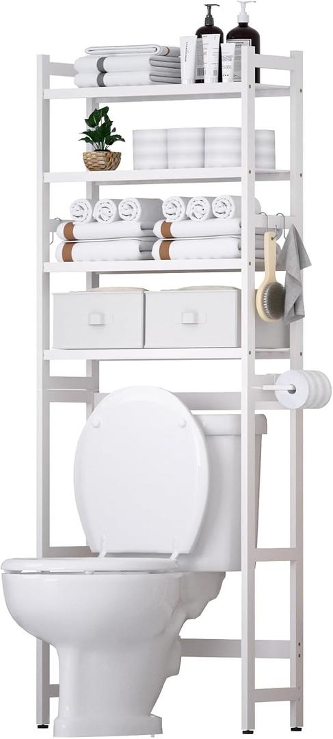 Over The Toilet Storage with 2 Baskets, 4-Tier Bamboo Organizer Rack with Paper Holder & 4 Hooks & Waterproof Feet Pad, Freestanding Shelf for Bathroom(White)