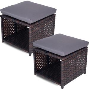 Outdoor Storage Ottoman (Set of 2) - All-Weather Wicker Patio Footstool with Washable Cushions - Sturdy Rattan Foot Rest & Hidden Box for Deck, Porch, Backyard & Balcony, Large