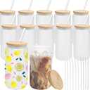 MOVNO 12 Pack Frosted Glass Cups  16oz Beer Can Shaped Tumblers with Bamboo Lids and Straws for Iced Coffee, Juice, Soda Drinks