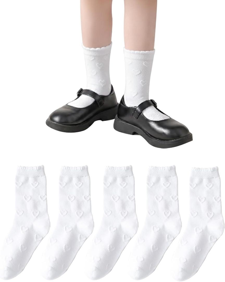 Marchare Girls Ruffle Socks White Dressy Socks School Uniform Sock Heart Bow Design For Girl (White)