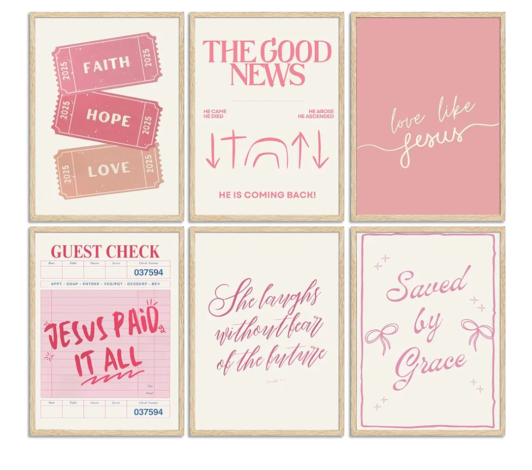 6pcs Pink Christian Bible Wall Art Religious Preppy Painting Picture Wall Decor Pink Christian Encouragement Poster Print Artwork for Bedroom Living Room Office Dorm Room Decoration Unframed