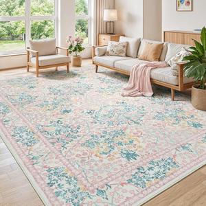 Lessymo 9x12 Washable Rug for Living Room, Soft Pink Area Rugs for Bedroom Dining Room Nursery, Boho Non Slip Forest Design Large Carpet Distressed Retro Indoor, Pink Green