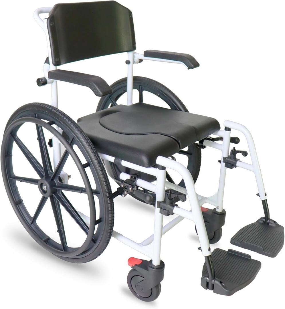 KMINA PRO - Shower Wheelchair, Adjustable Chair with Wheels for Disabled Adult, Self Propelled, Black