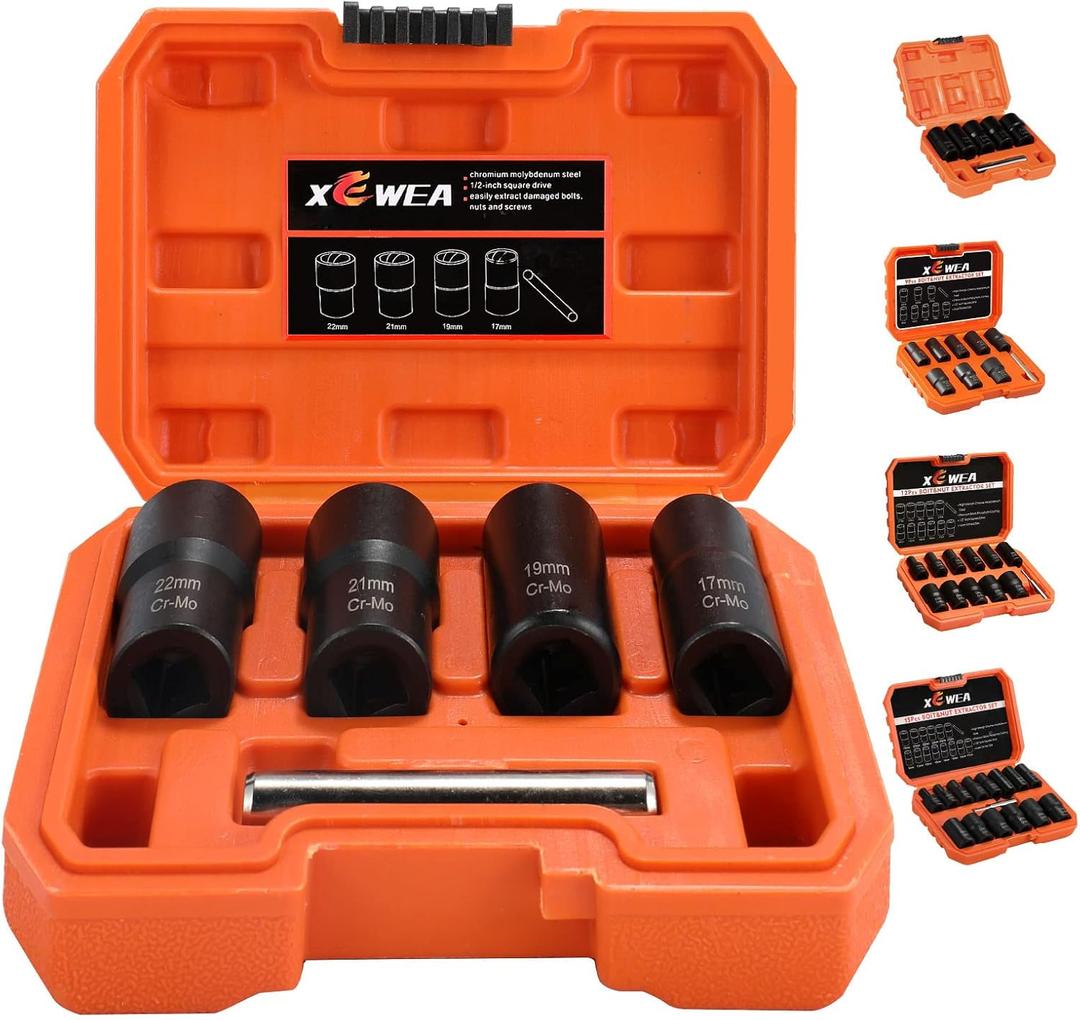 XEWEA Bolt Nut Extractor Set, 5PCS 1/2 Drive Easy Out Broken Wheel Tire Lug Nut Extraction/Remover Socket Set for Damaged, Frozen,Studs, Rounded Stripped Bolts & Nuts Screws