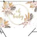 10x8ft Baby Shower Backdrop Oh Baby Photography Background Boho Pink Flower Leaves Bohemian Grass Golden Glitter Star Dot Kid Birthday Party Banner Decorations Gender Reveal Photo Booth Prop