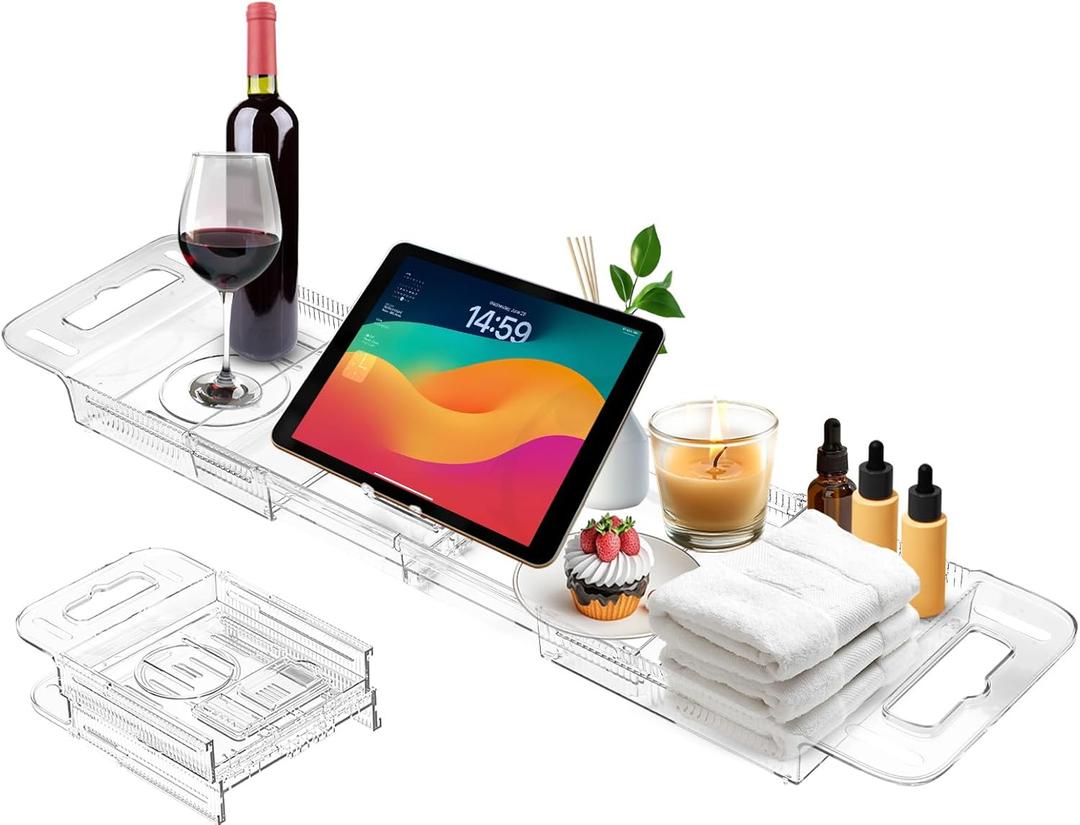 Expandable Bathtub Tray Caddy, Clear Bath Tray for Tub for Bath Relaxing, Foldable Bath Table Trays, Bathtub & Bathroom Accessories for Women Gift, Anniversary or Wedding Gifts, New Home