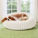 Bedsure ComfyFleece Donut Medium Dog Bed - Washable Faux Fur with Corduroy Fleece & Anti Slip Bottom, Round Pet Bed with Removable Cover, Cream, 30x30x8 inches,  M (30x30x8), Cream