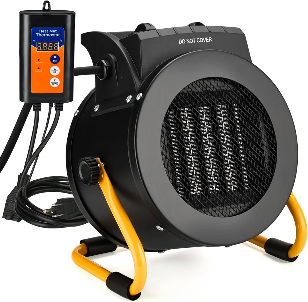 LHUKSGF Greenhouse Heater with Thermostat, Outdoor Heaters for Patio, 3 Modes for PTC Ceramic Fast Heating, Overheat Protection, IPX4 Waterproof for Greenhouse, Grow Tents, Patio, Black