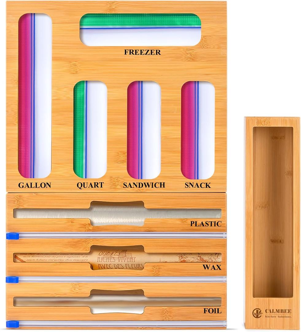 Calmbee 9 in 1 Bamboo Storage Bag Organizer for Kitchen Drawer  Plastic Wrap Dispenser with Cutter & Foil Organizer, Wooden Baggie Organizer for Sandwich, Snack, Gallon, Quart Sizes, Natural