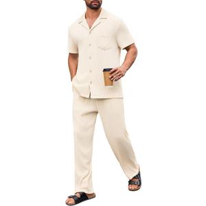 Mens Two Piece Summer Outfit Short Sleeve Ribbed Shirt and Pants with Pockets Loungewear Beachwear Sleepwear
