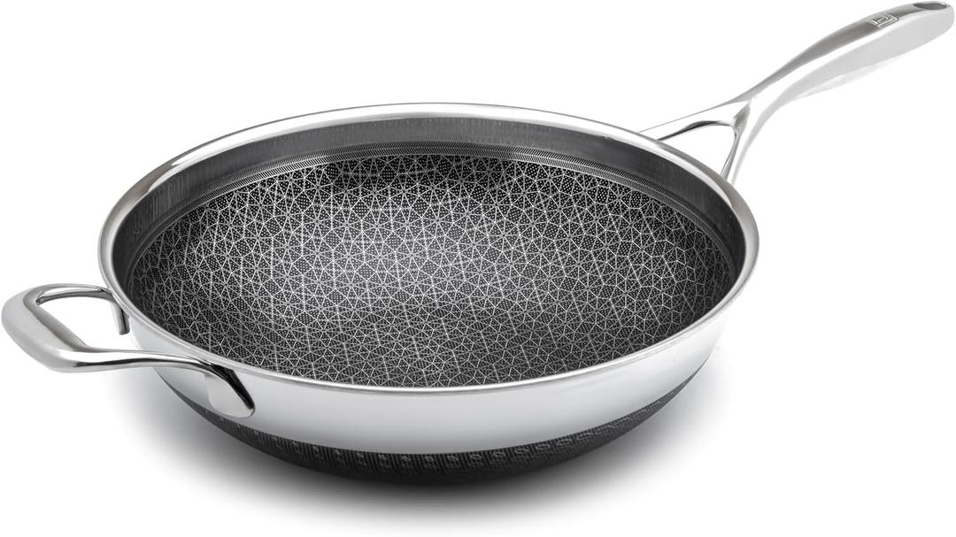 LIVWELL DiamondClad 12-inch Nonstick Hybrid Wok Stir Fry Pan - Home and Kitchen Gift - Stainless Steel Wok - Dishwasher and Oven Safe - PFOA-free - Hybrid Cookware - Silver/Black