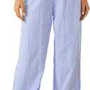 Women's Striped Print Straight Wide Leg Linen Pants Drawstring Waist Slant Pockets Pants Casual Long Pants (Blue, XL)