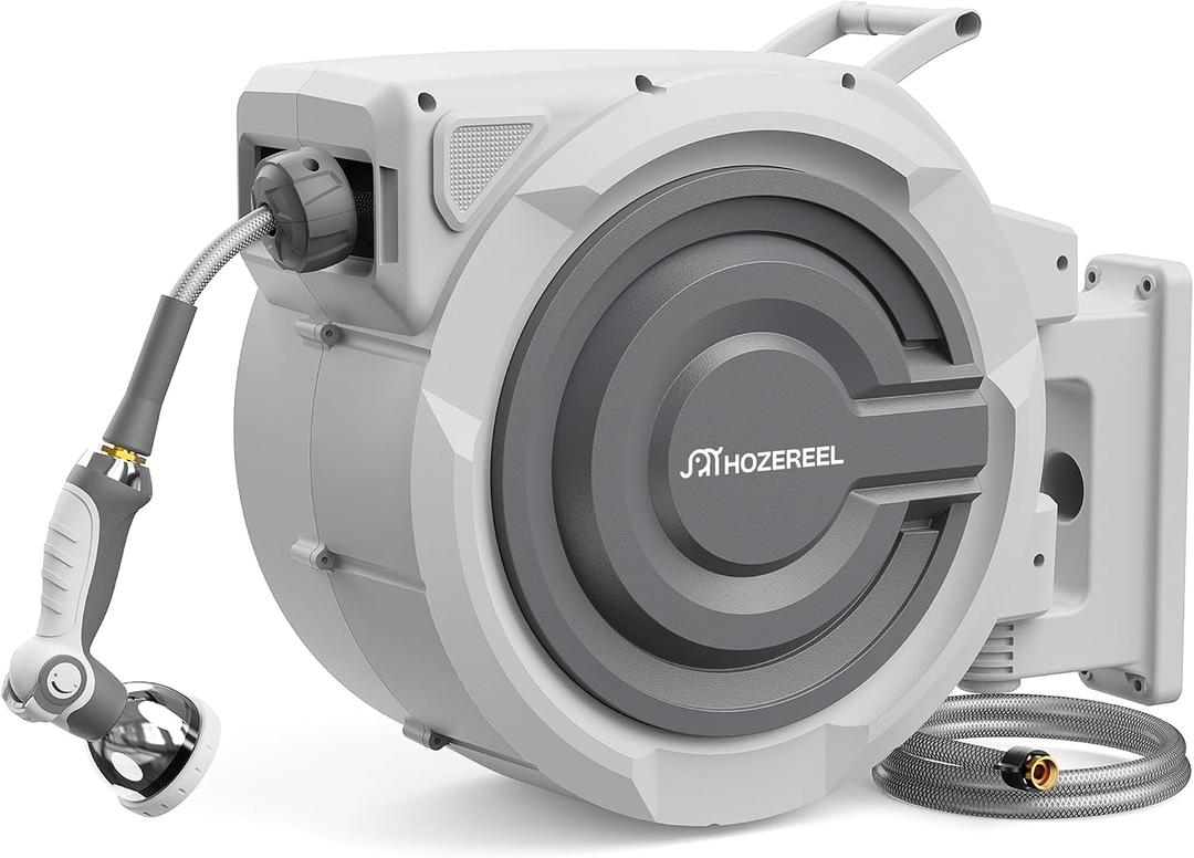 150 FT x 1/2" Retractable Garden Hose Reel by HOZEREEL, Outdoor Garden Hose Reels - Automatic Self Retract Wall Mount Hose Reel Enclosed Storage, Any Length Lock, 10 Pattern Nozzle-Grey