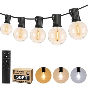 50FT Outdoor String Lights with 3 Color Lights, Dimmable G40 Globe String Lights for Outside with Remote, Waterproof Patio Lights with 25+1 Shatterproof Bulbs for Wedding Party Backyard Home Christmas (Black)