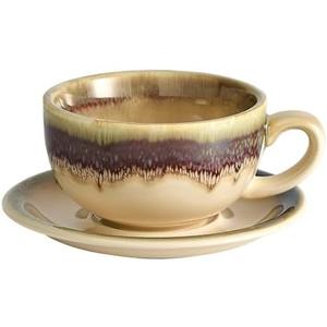 Coffeezone Vintage Design 12 oz Ceramic Latte Art Cappuccino Barista Cup with Saucer (Brown)