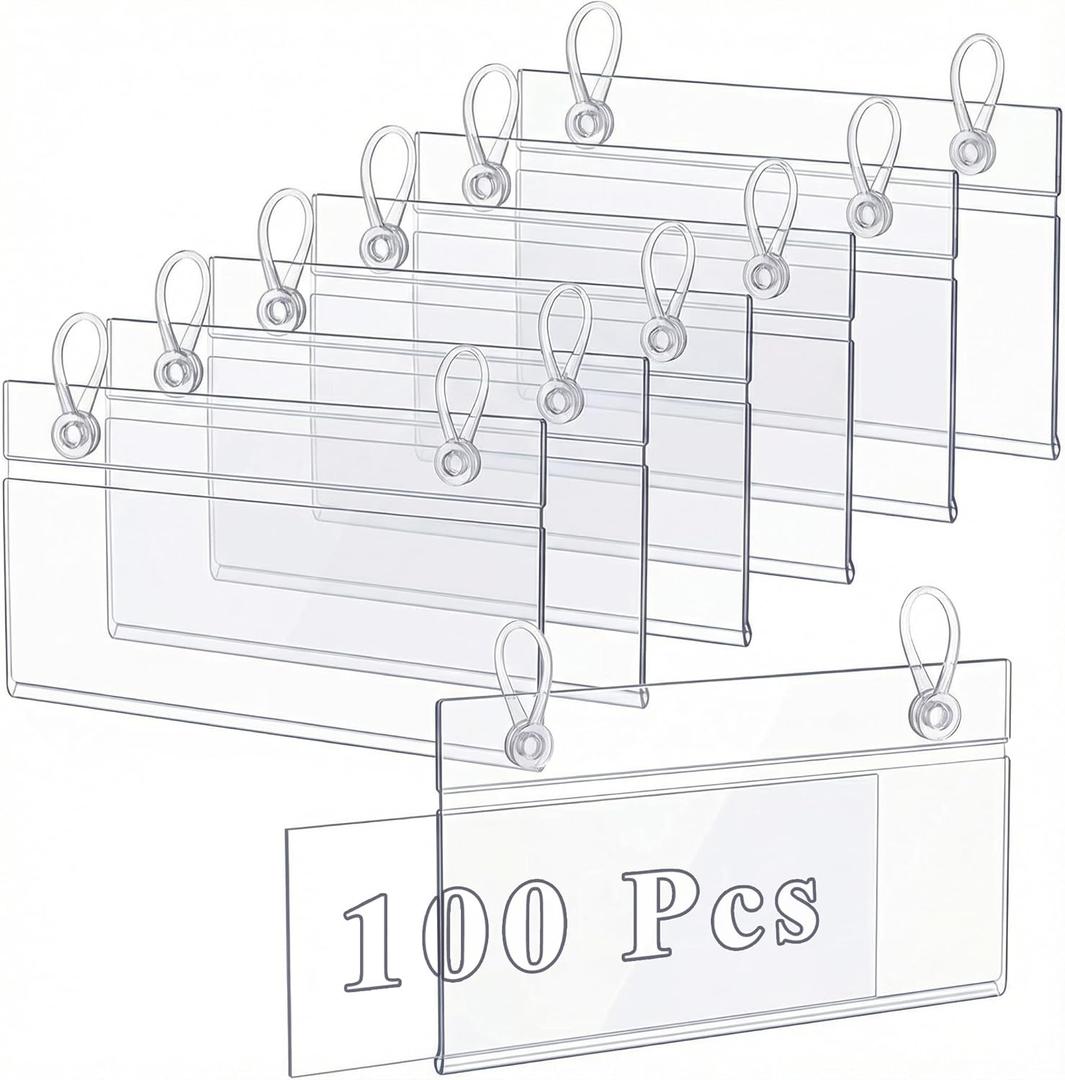 Elsjoy 100 Pack Plastic Wire Shelf Label Holders, 4" x 2.3" Clear Price Tag Holder Sign & Ticket Holder with Double Snap Lock Closure, Reusable Basket Label Holders for Market, Retail Shop, Pantry