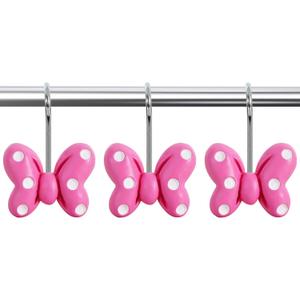 12-Piece Pink Polka Dot Bow Shower Curtain Hooks, Cute Mouse Bowknot Stainless Steel Decorative Shower Hangers Rings for Bathroom Decor