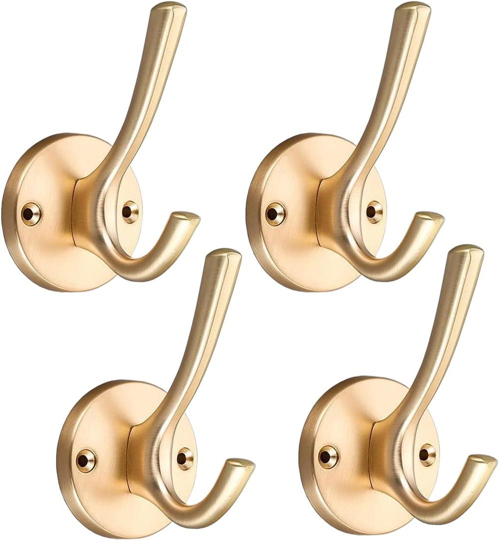 Wall Hooks 4 Pcs Towel Hook Coat Hooks Heavy Duty Thick Bath Robe Hooks Wall Mount Hooks for Bathroom Kitchen Hotel Bearing 25kg (Gold)