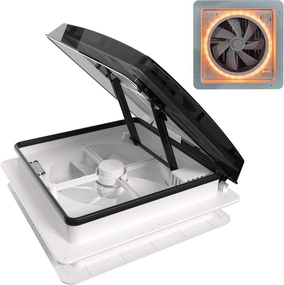 2012 LED Ambiance Light RV Roof Vent Fan with Voice Control, 12V (24V Max) Power, Remote & Rain Sensor, 14x14 RV Reversible Airflow Ultra-Quiet Vent Fan, 360 mm