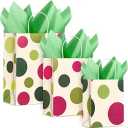 Humyoun 12 Pack Graduation Gift Bags(4 Small 6.5" 4 Medium 9.6" 4 Large 13")with Tissue Paper St. Patrick's Day Treat Bag for Mother's Day Easter Birthday Baby Bridal Shower(Light Red and Green Dots)