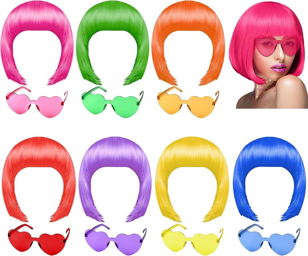 PLULON 7 Pcs Neon Short Bob Wigs Colored Wigs with 7 Pcs Sunglass, Colorful Party Cosplay Wigs Daily Hairpieces for Bachelorette Party Favors Supplies Halloween Costumes (Multicolor)
