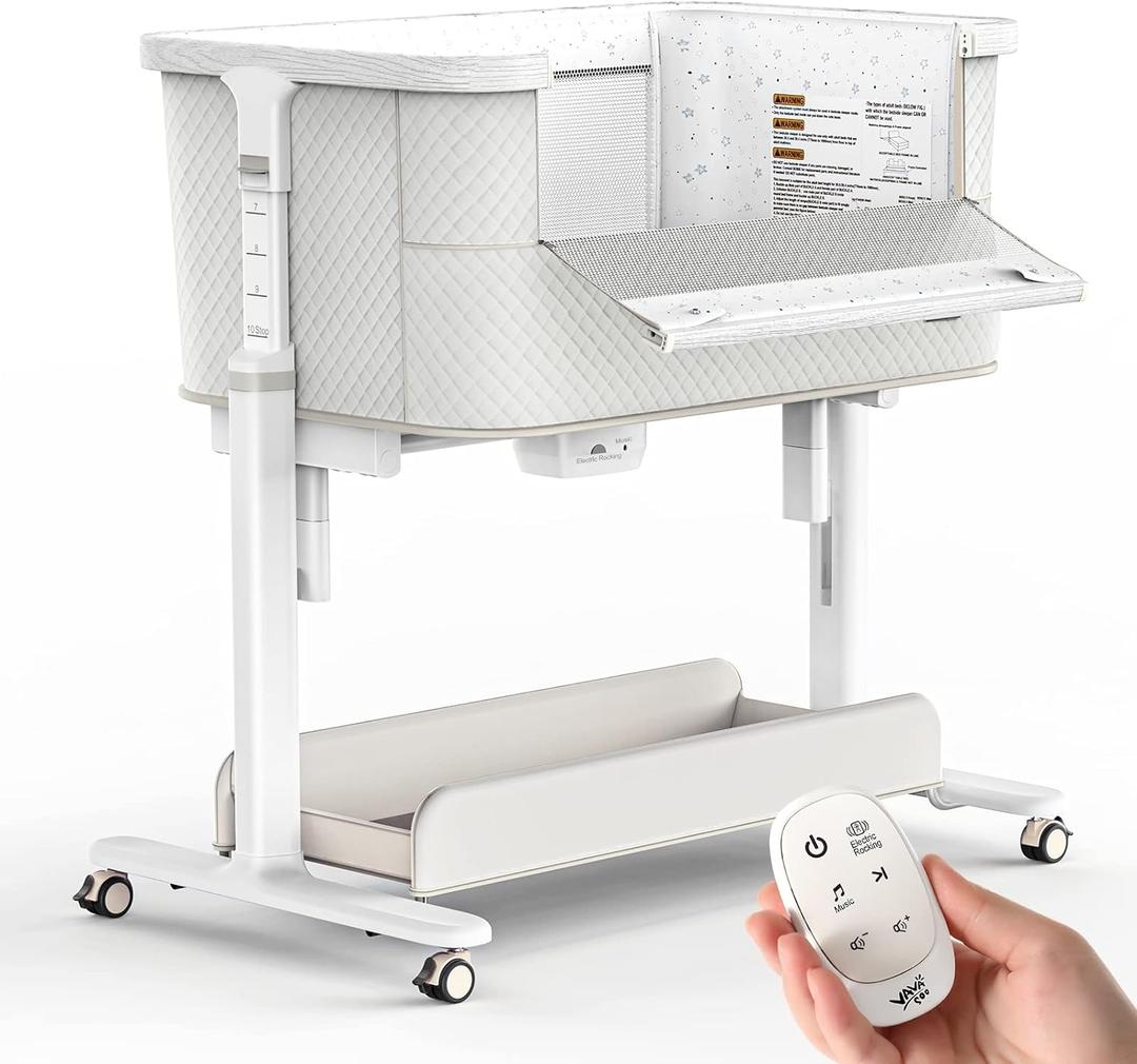 VaVaSoo Electric Rocking Bassinet for Baby 3 Speeds Automatic Bedside Sleeper Auto Rolling Newborn Cradle Rocks Itself 5 Height Adjustable with Music, Wheels, Storage, Grey & White