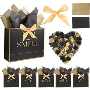 BHHQHH 5 Senses Gift Bags for Him Her Five Senses Gift Bags with Ribbon Handles Tissue Paper Petals Black Gift Bag for Birthday Anniversary,Wedding,Valentine's Day
