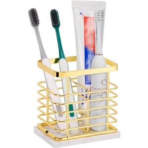 HarJue Toothbrush Holder, Luxurious Metal Toothbrush Toothpaste Holder with Marble Base for Bathroom, Multi-Slots Openwork Design, Bathroom Accessory for Storage and Organizer (Small, Gold)