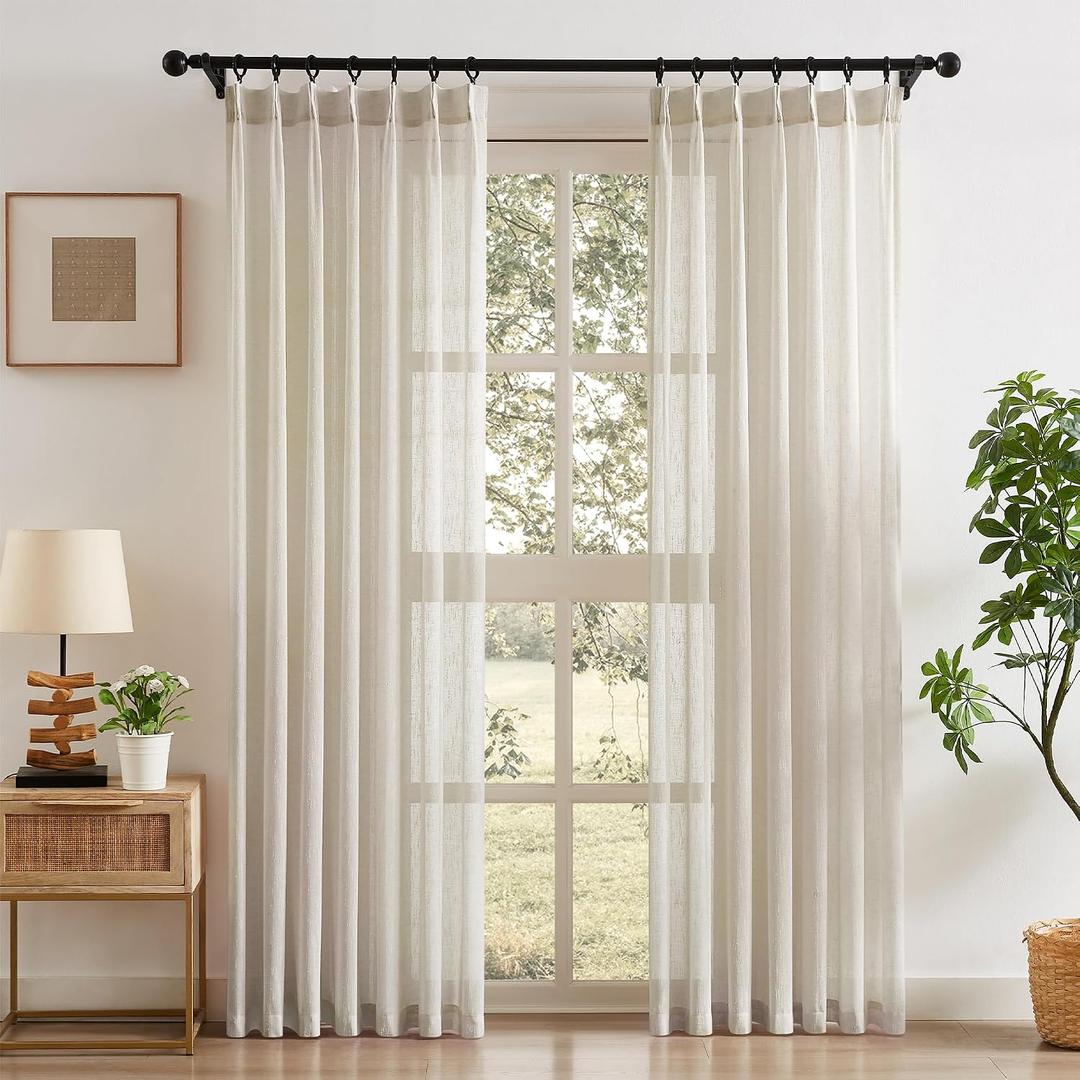 Natural Pinch Pleated Semi Sheer Curtains Textured Linen Blend Light Filtering Back Tab Window Curtains for Living Room Bedroom Slub Yarn Pinch Pleat Drapes with Hooks 2 Panels, 40" Wx95 L