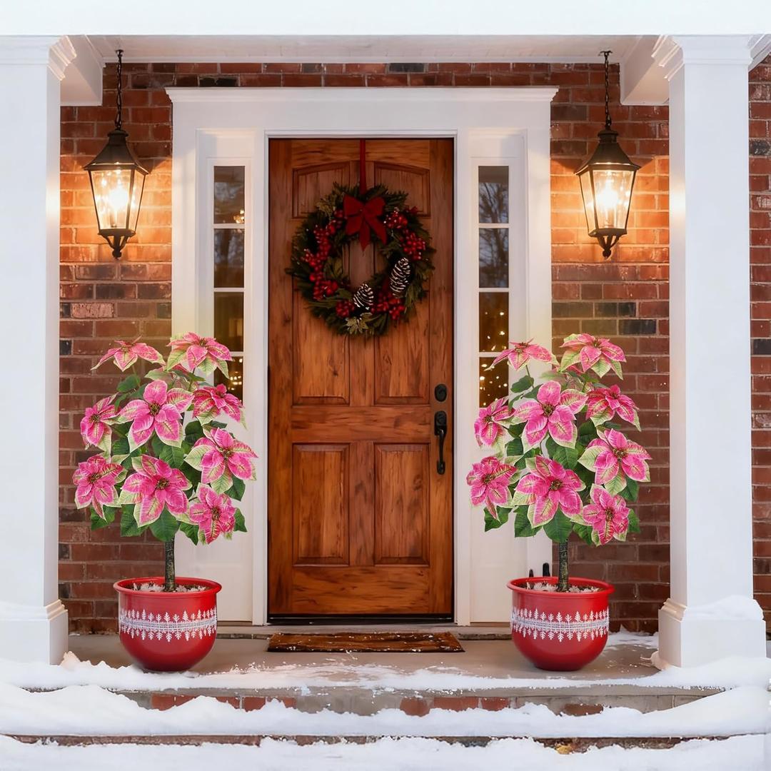 3ft Artificial Poinsettias for Outdoor 2pcs Potted Christmas Tree Xmas Planters Christmas Urn Filler for Pathway &Porch& Yard Decorations Pre-Assembled Faux Holiday Dcor Indoor Use