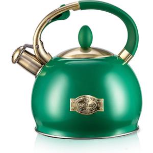 SUSTEAS Stove Top Whistling Tea Kettle - Food Grade Stainless Steel Teakettle Teapot with Cool Touch Ergonomic Handle, With 1 Silicone Pinch Mitt Included, 2.64 Quart (Green)