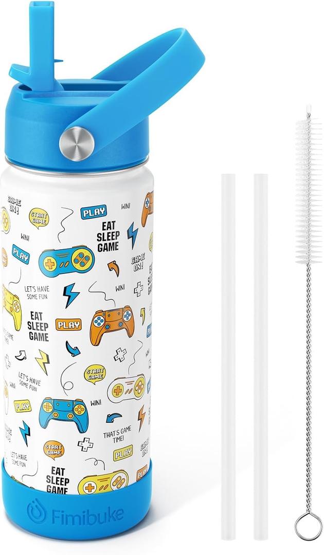 Fimibuke Kids Insulated Water Bottle, 18oz BPA FREE 18/8 Stainless Steel Kids Cup with Straw Travel Tumbler Double Wall Vacuum Leak Proof Toddler Water Bottle for School Boys Girls(1 Pack, Game)