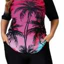 Halcurt Women's Plus Built in Bra Rash Guard Two Piece Swim Shirt and Pockets Boyleg Shorts, XXL