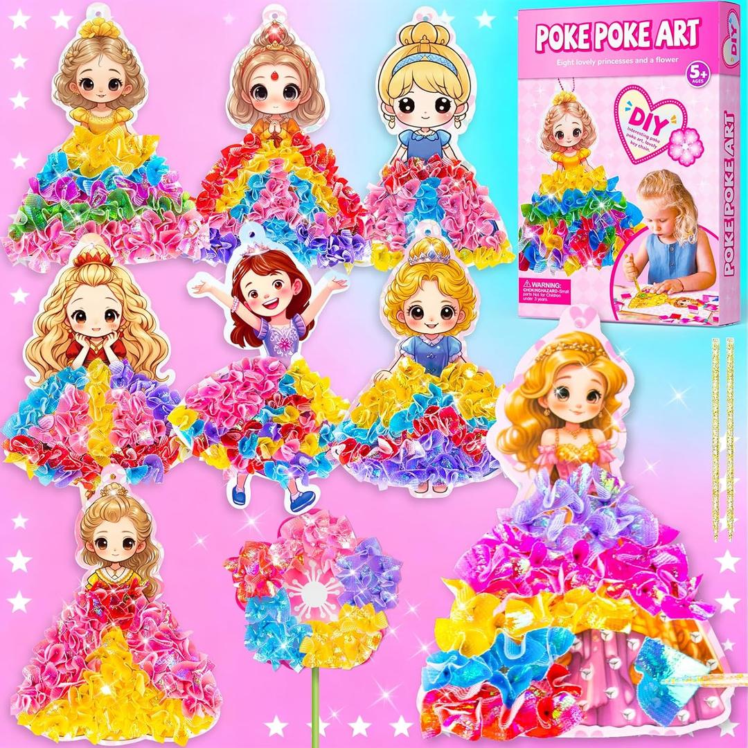 RIEYON Poke Poke Art Kits - Magical Princesses for Kids, 8 Princesses & 1 Flower Arts and Crafts Mess-Free DIY Creative Activity Kits, Birthday Christmas Gifts for Girls & Boys Ages 4 5, 6, 7, 8, 9,10