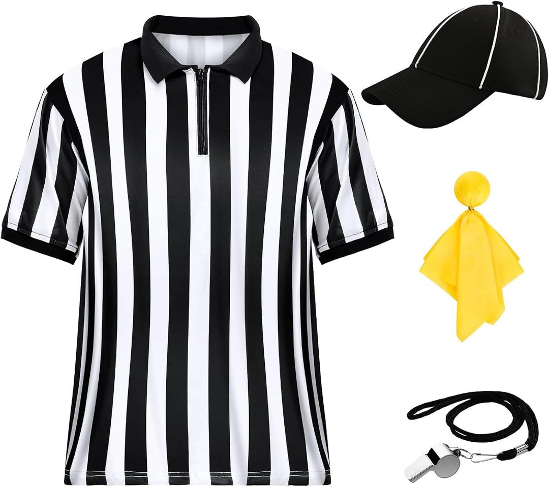 Men's Referee Costume Kit,Referee Shirt Stripe Umpire Jersey,Hat,Stainless Steel Whistle with Lanyard,Penalty Flag for Football Soccer Sports and Halloween Cosplay Outfits (Medium)