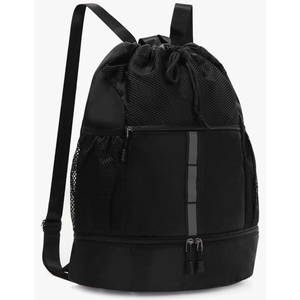 Valleycomfy Drawstring Gym Bag Sports Backpack With Shoe Compartment and Reflective Strips Black