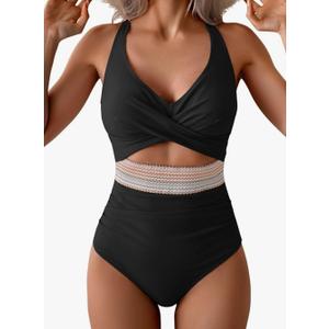 B2prity One Piece Swimsuit for Women Tummy Control V Neck Bathing Suit Color Block High Waisted Cutout Swimwear,M