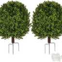 Artificial Boxwood Topiary Trees for Outdoors, 2 Pack Faux Topiary Ball Tree UV Resistant Fake Shrubs Evergreen Bush Plants for Front Porch Garden Yard Balcony Wedding Decor, 2 Led String Light