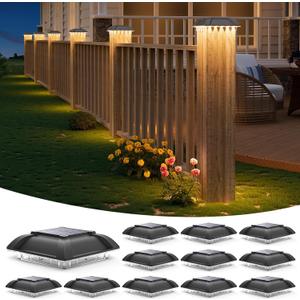 Solar Post Cap Lights Outdoor 12pack - Downward Lighting Waterproof Deck Fence Post Solar Lights for 4x4 Wooden/Vinyl Posts, Warm White Glow, Ideal for Deck Edges/Stair Railings/Porch/Backyard Fence (Black-4side)