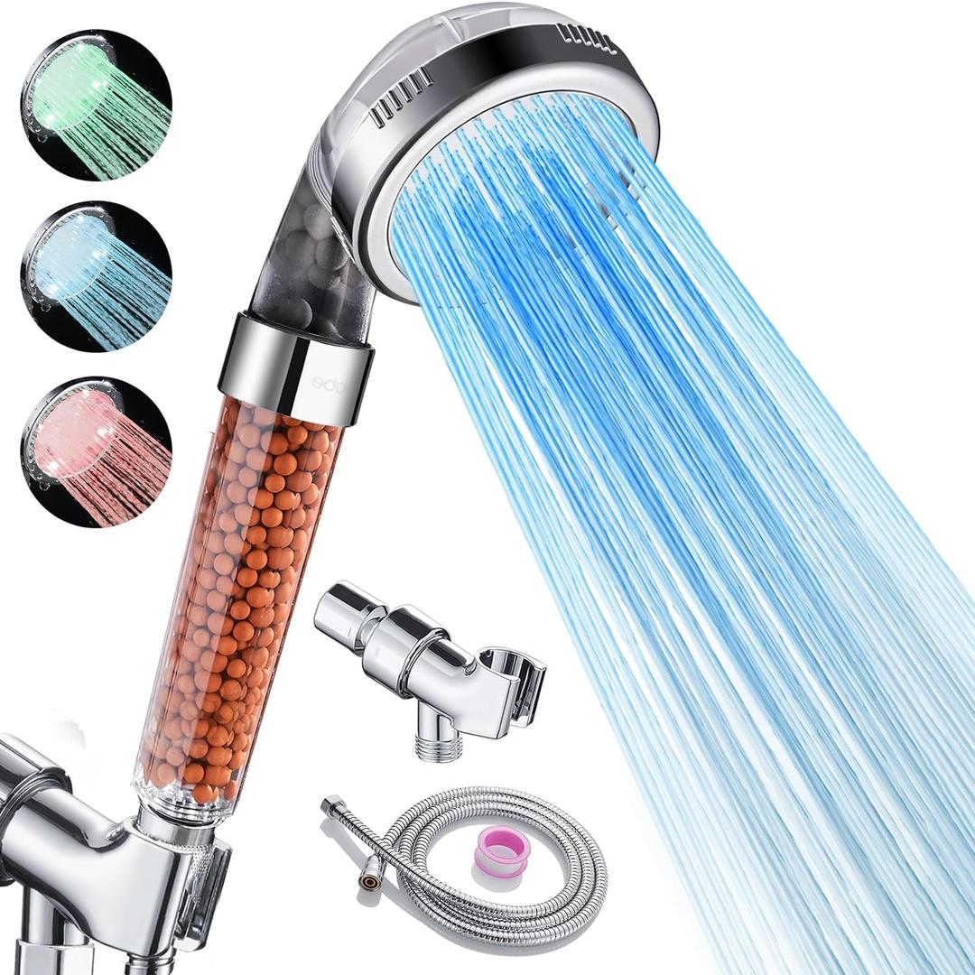 Cobbe Filtered LED Shower Head with Handheld, Color Changing, High Pressure Shower Head with Filter, Water Saving Spray Handheld Showerheads with Hose and Base for Dry Skin & Hair (3 LED)