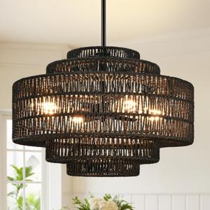 18" 4-Light Boho Black Rattan Chandelier Dining Room