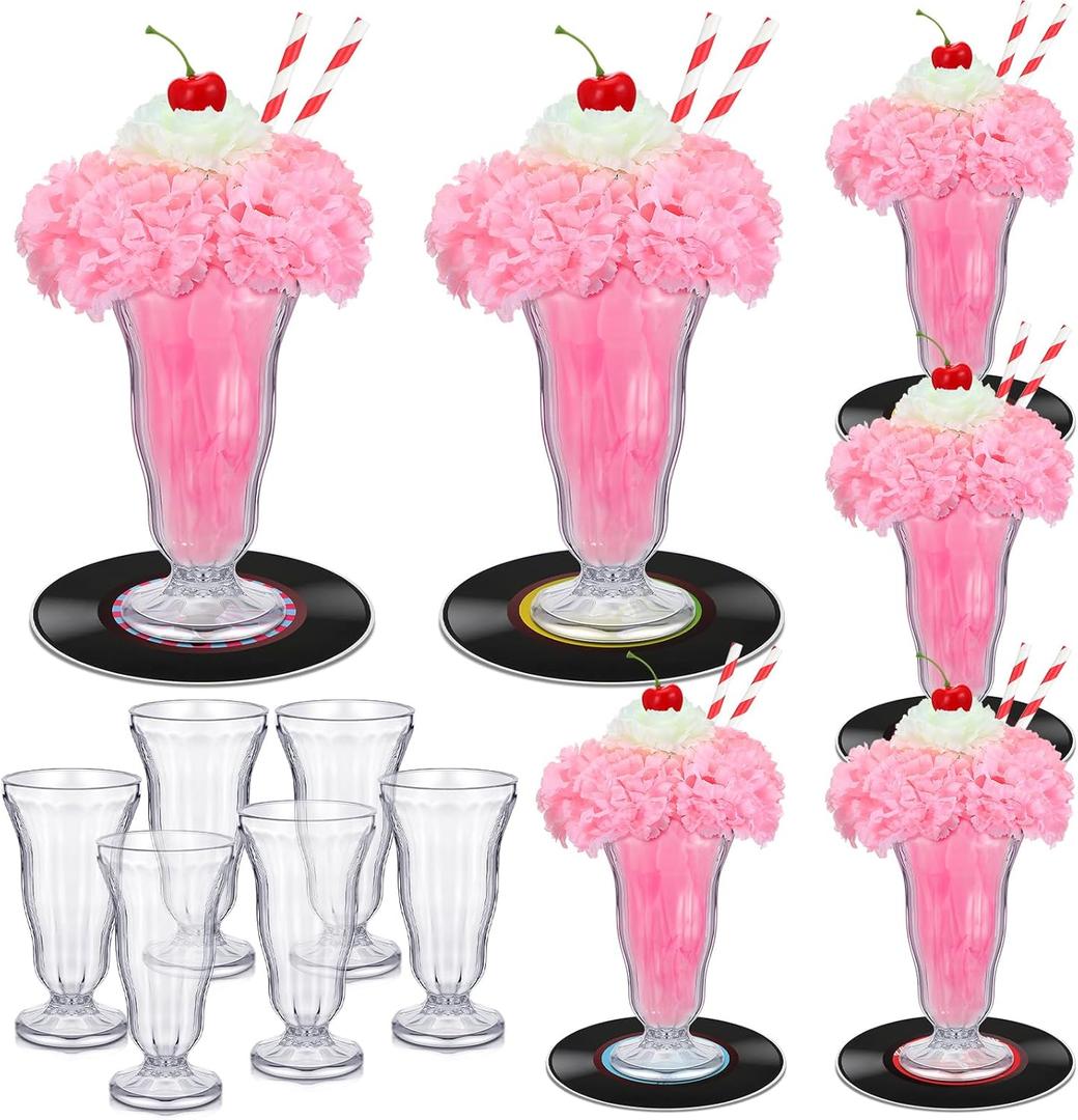 Dingion 50's Soda Shop Party Decor Pink 50s Theme Party Decorations Includes Soda Milkshake Glass Straws Artificial Carnation Flowers Cherries Records Crepe Paper(6 Sets)