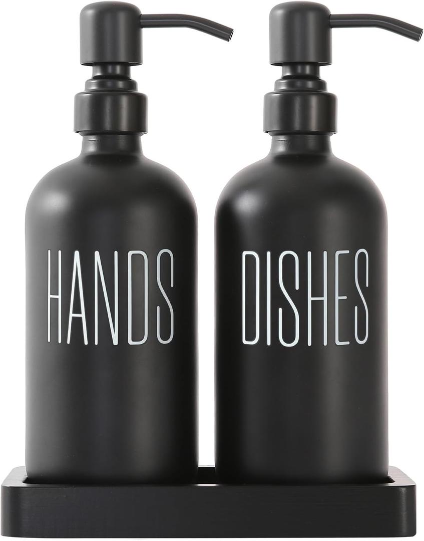 Black Soap Dispenser Set, Glass Soap Dispenser with Stainless Steel Pump, Perfect for Kitchen Decor and Accessories. (Black) (Black Bottle & Black Tray)