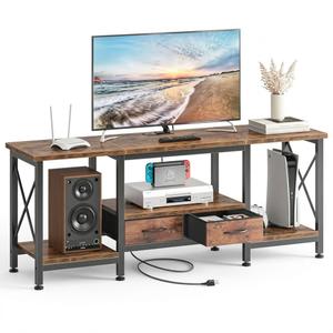 Sweetcrispy 55” TV Stand with Power Outlets, Entertainment Center for TVs Up to 55 Inches, Industrial Media Console with Fabric Drawers & Open Shelves, Rustic Brown TV Table for Living Room, Bedroom